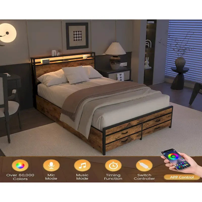 Lit plateforme queen avec lumières DEL, station de recharge et 8 tiroirs