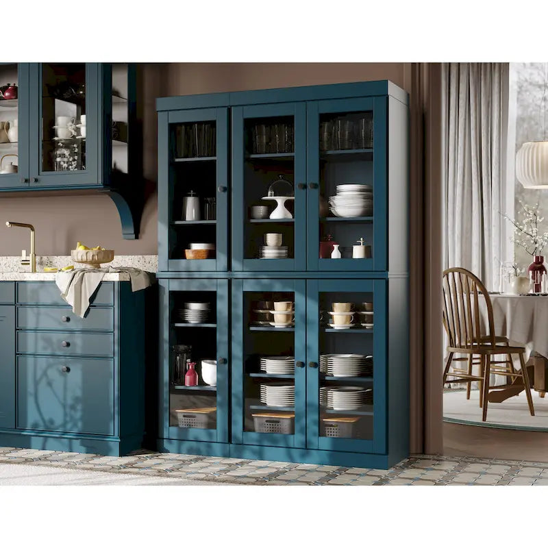 Vaisselier-Garde-manger 100 % en bois massif 48,5 avec portes en verre transparent et étagères réglables
