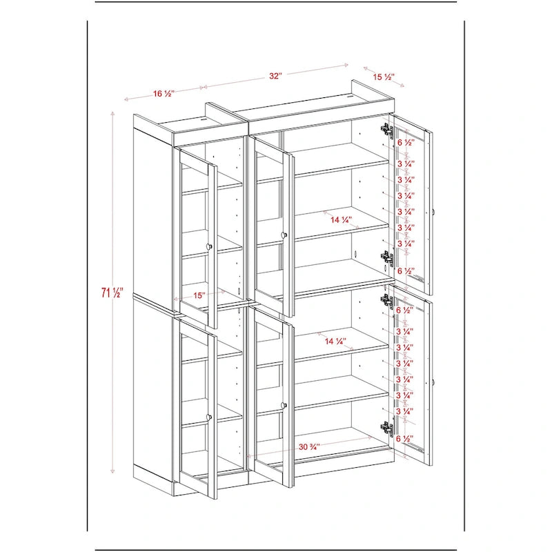 Vaisselier-Garde-manger 100 % en bois massif 48,5 avec portes en verre transparent et étagères réglables