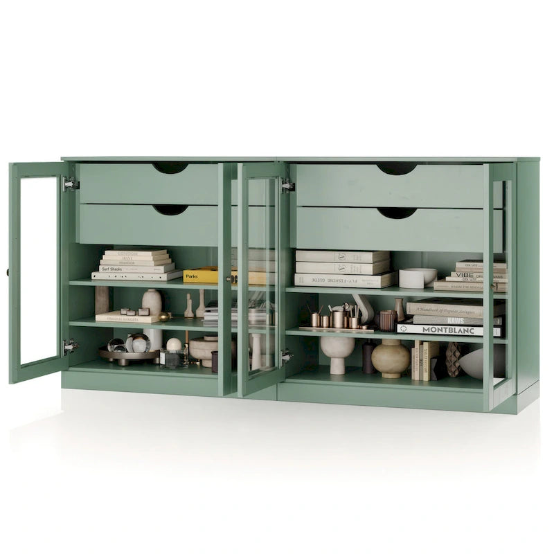 Bahut 100 % bois massif de 162 cm avec portes en verre transparent, 4 tiroirs et étagères réglables