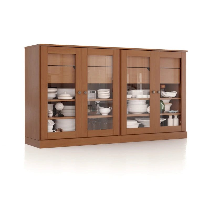 Bahut 100 % bois massif de 162 cm avec portes en verre transparent, 4 tiroirs et étagères réglables