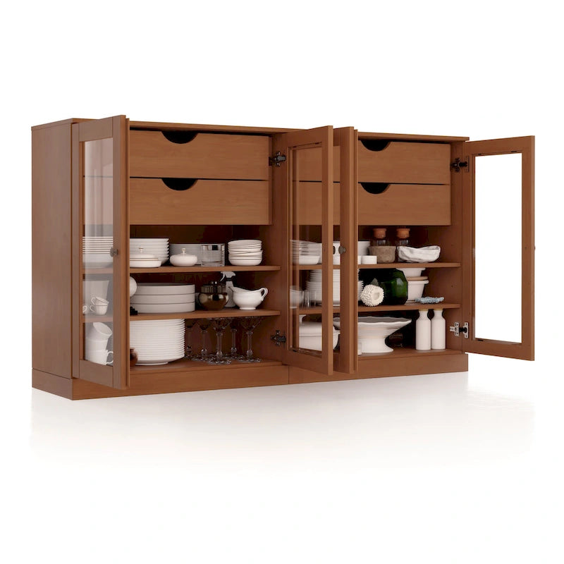 Bahut 100 % bois massif de 162 cm avec portes en verre transparent, 4 tiroirs et étagères réglables