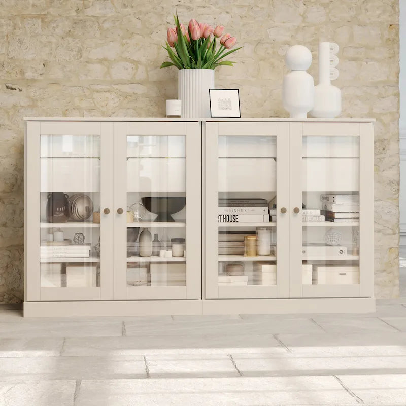 Bahut 100 % bois massif de 162 cm avec portes en verre transparent, 4 tiroirs et étagères réglables