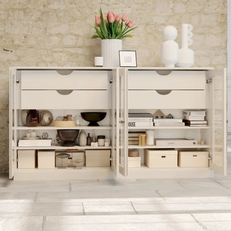 Bahut 100 % bois massif de 162 cm avec portes en verre transparent, 4 tiroirs et étagères réglables