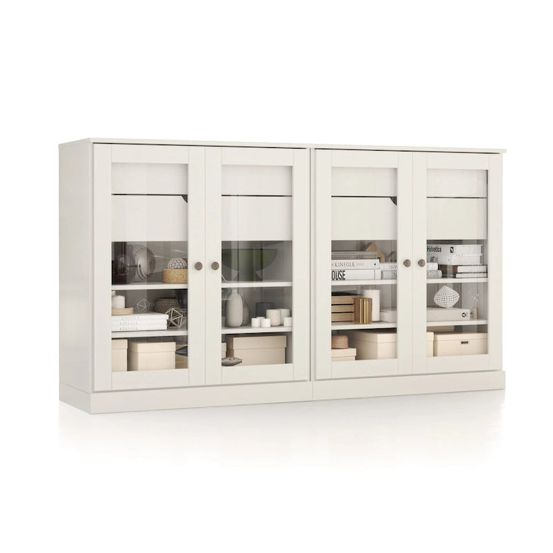 Bahut 100 % bois massif de 162 cm avec portes en verre transparent, 4 tiroirs et étagères réglables