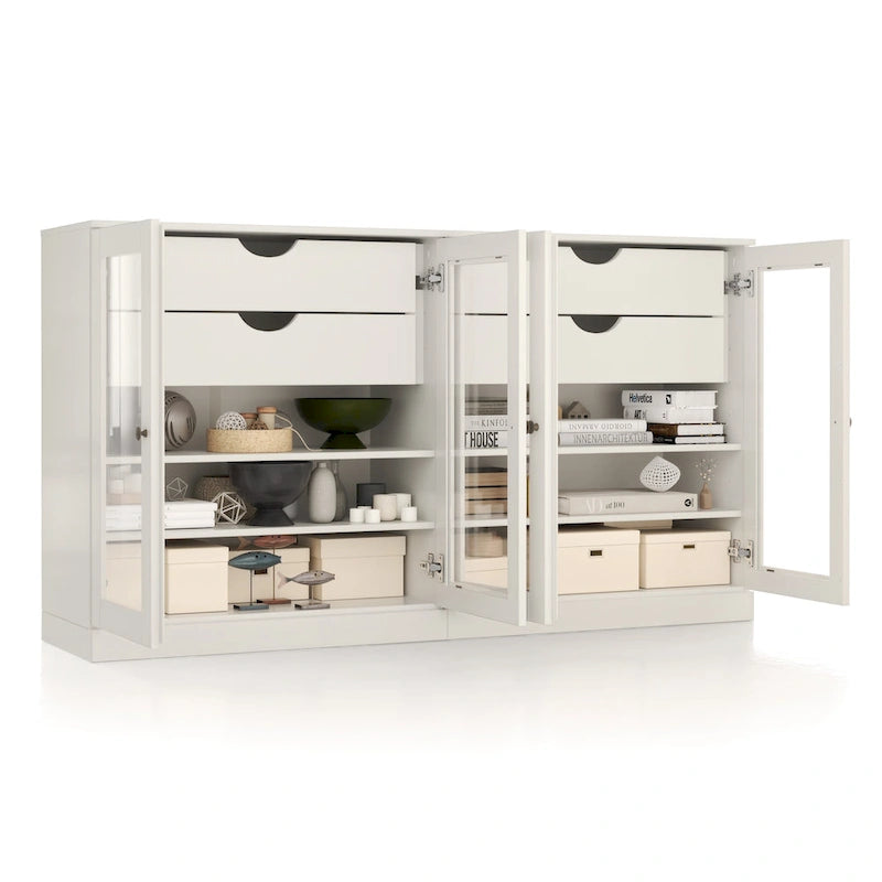 Bahut 100 % bois massif de 162 cm avec portes en verre transparent, 4 tiroirs et étagères réglables