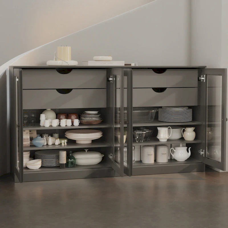 Bahut 100 % bois massif de 162 cm avec portes en verre transparent, 4 tiroirs et étagères réglables