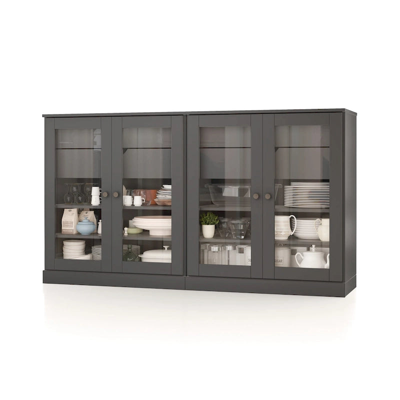 Bahut 100 % bois massif de 162 cm avec portes en verre transparent, 4 tiroirs et étagères réglables