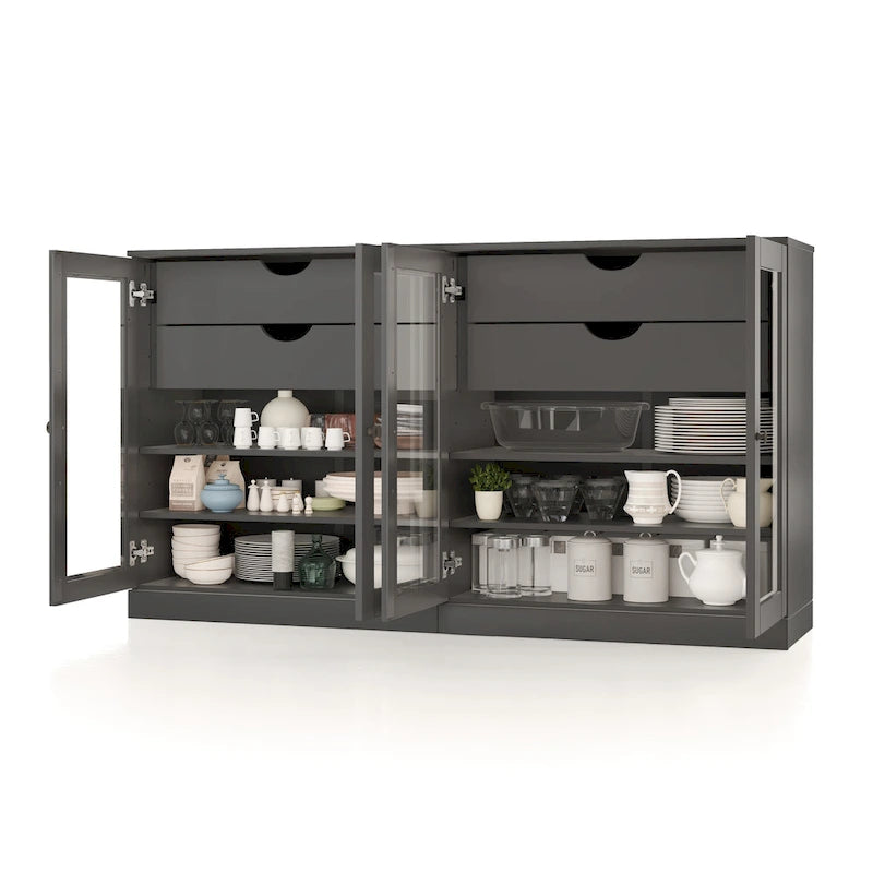 Bahut 100 % bois massif de 162 cm avec portes en verre transparent, 4 tiroirs et étagères réglables