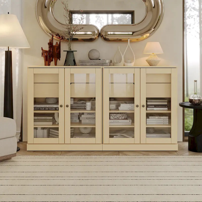 Bahut 100 % bois massif de 162 cm avec portes en verre transparent, 4 tiroirs et étagères réglables