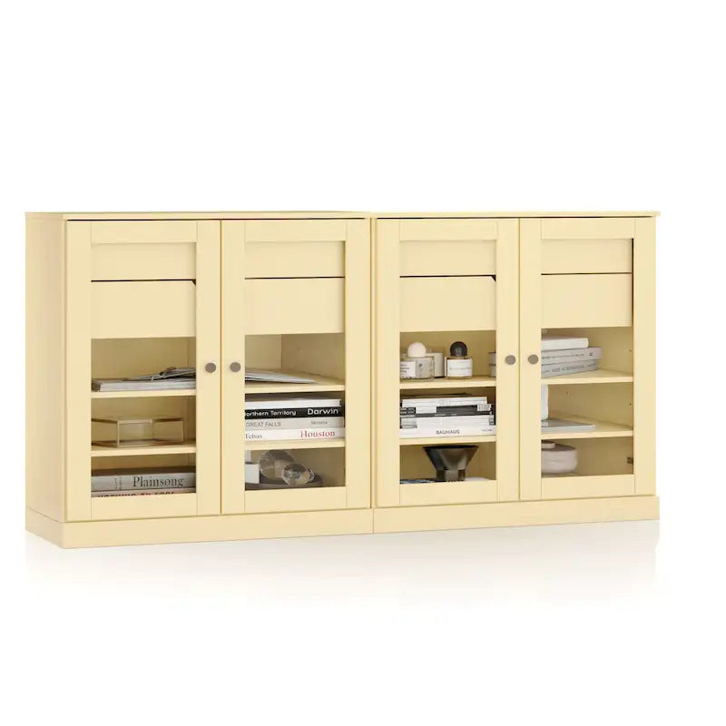 Bahut 100 % bois massif de 162 cm avec portes en verre transparent, 4 tiroirs et étagères réglables