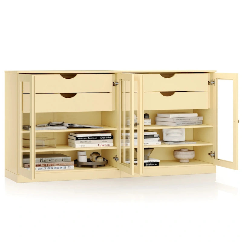 Bahut 100 % bois massif de 162 cm avec portes en verre transparent, 4 tiroirs et étagères réglables