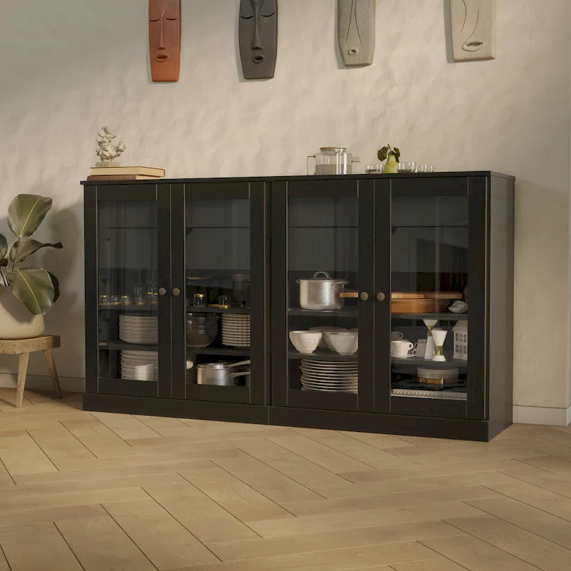 Bahut 100 % bois massif de 162 cm avec portes en verre transparent, 4 tiroirs et étagères réglables