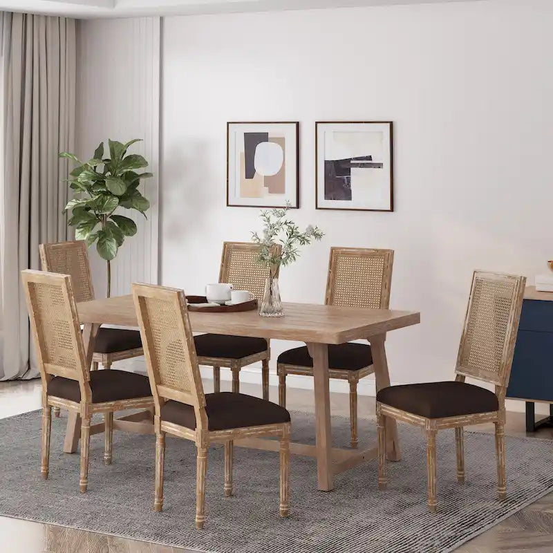Chaise de salle à manger tapissée en bois et cannage de style champêtre Regina (lot de 6)