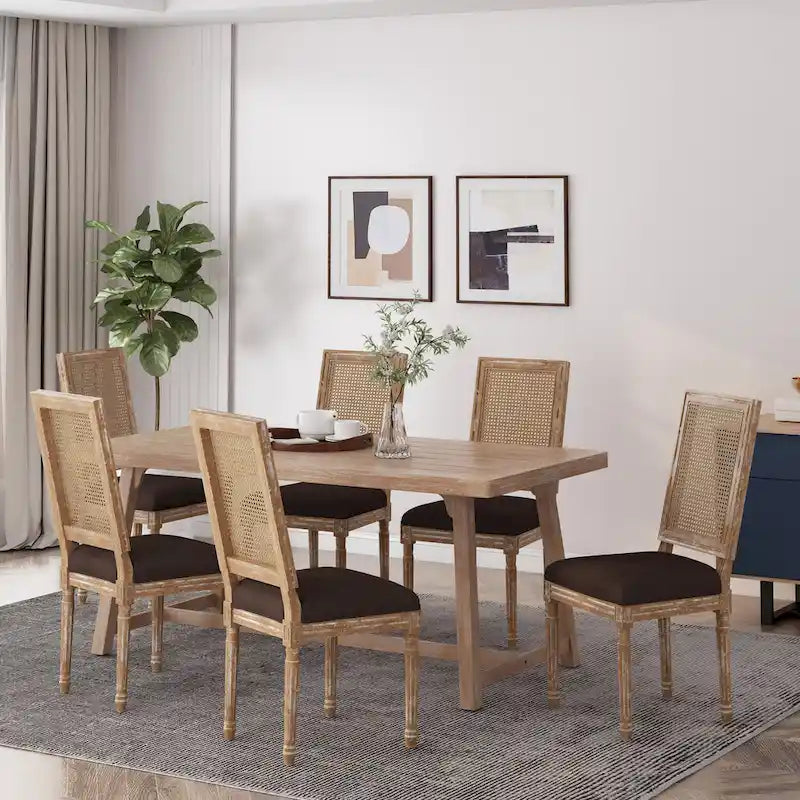 Chaise de salle à manger tapissée en bois et cannage de style champêtre Regina (lot de 6)