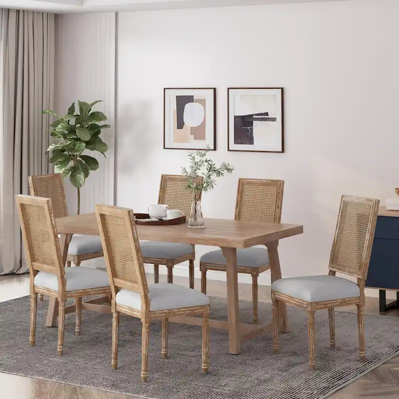 Chaise de salle à manger tapissée en bois et cannage de style champêtre Regina (lot de 6)