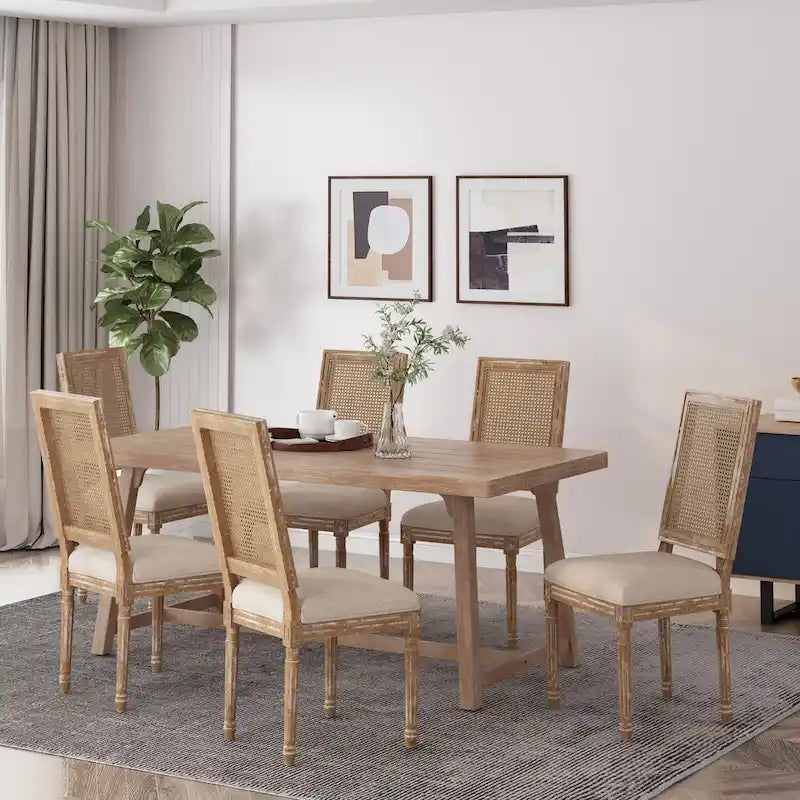 Chaise de salle à manger tapissée en bois et cannage de style champêtre Regina (lot de 6)