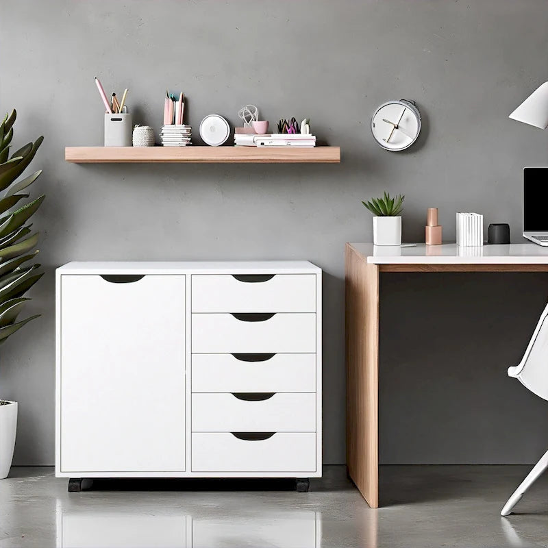Meuble de rangement à 5 tiroirs en bois avec roulettes - Organisateur d'artisanat et tiroir de maquillage pour placard et chambre à coucher