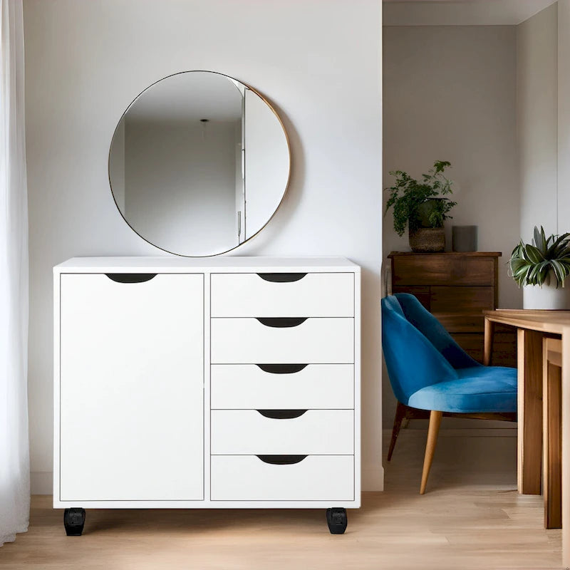 Meuble de rangement à 5 tiroirs en bois avec roulettes - Organisateur d'artisanat et tiroir de maquillage pour placard et chambre à coucher