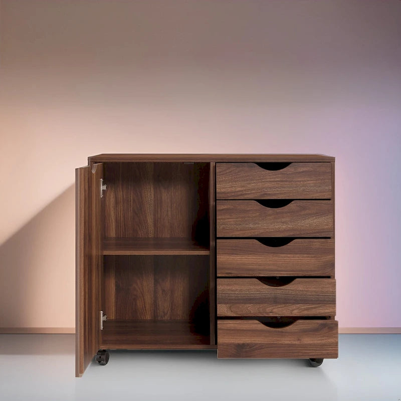 Meuble de rangement à 5 tiroirs en bois avec roulettes - Organisateur d'artisanat et tiroir de maquillage pour placard et chambre à coucher
