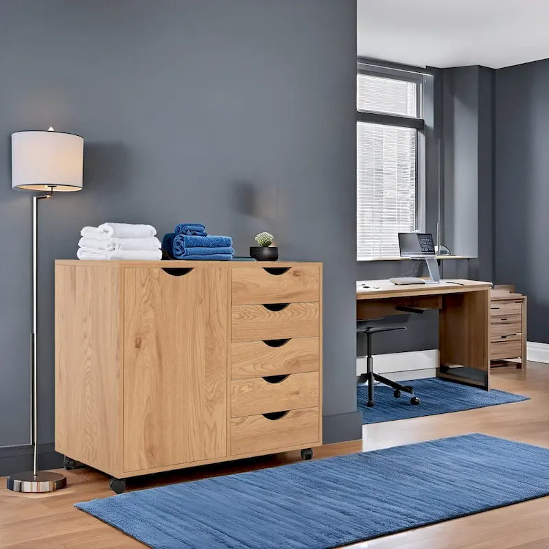 Meuble de rangement à 5 tiroirs en bois avec roulettes - Organisateur d'artisanat et tiroir de maquillage pour placard et chambre à coucher