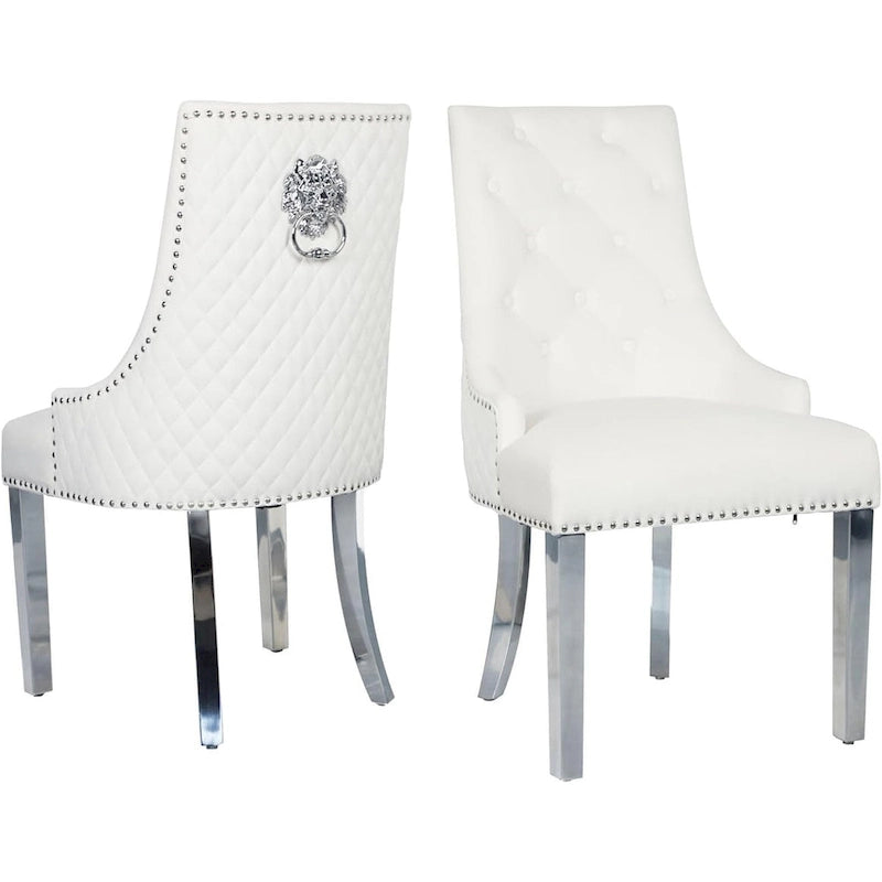 Lot de 2 chaises de salle à manger en velours, chaises de salle à manger rembourrées capitonnées avec clous décoratifs, pieds en acier inoxydable et anneau de traction tête de lion