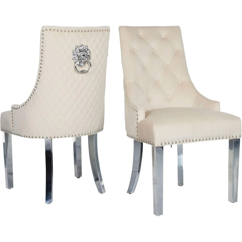 Lot de 2 chaises de salle à manger en velours, chaises de salle à manger rembourrées capitonnées avec clous décoratifs, pieds en acier inoxydable et anneau de traction tête de lion