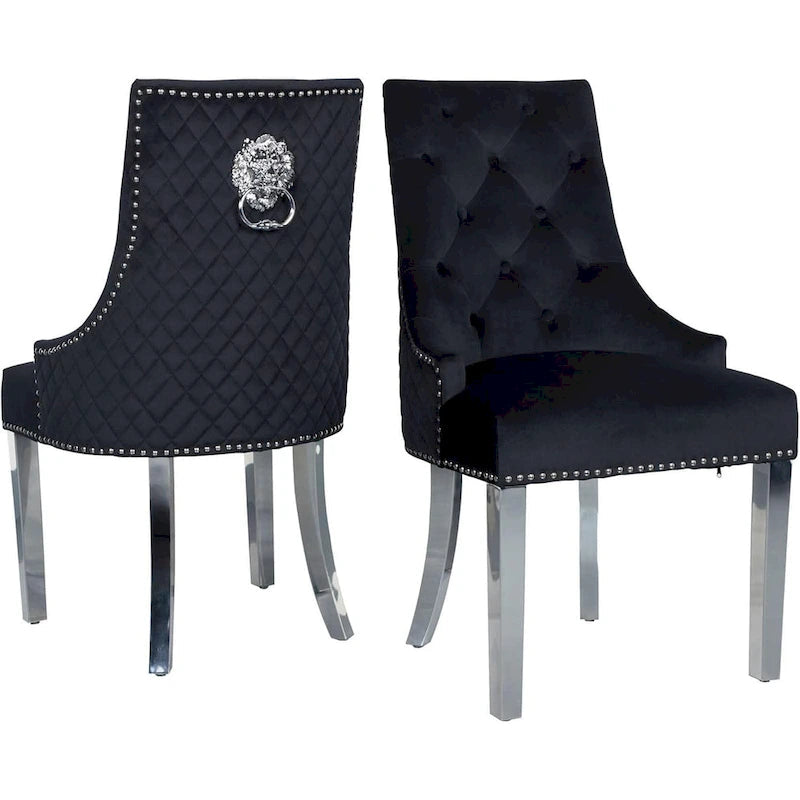 Lot de 2 chaises de salle à manger en velours, chaises de salle à manger rembourrées capitonnées avec clous décoratifs, pieds en acier inoxydable et anneau de traction tête de lion