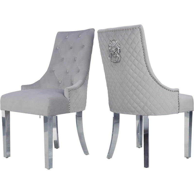 Lot de 2 chaises de salle à manger en velours, chaises de salle à manger rembourrées capitonnées avec clous décoratifs, pieds en acier inoxydable et anneau de traction tête de lion