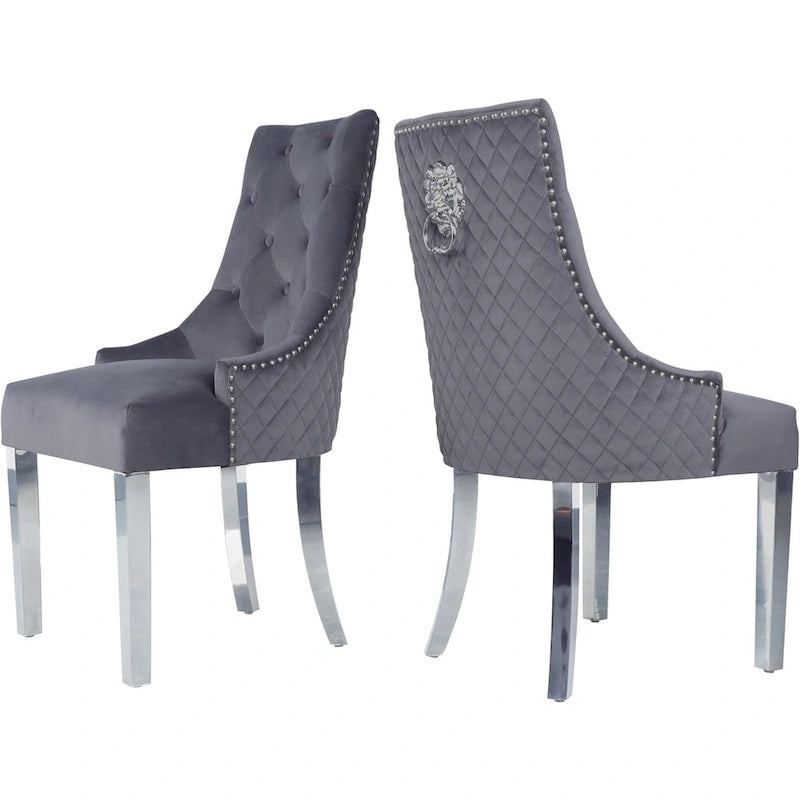 Lot de 2 chaises de salle à manger en velours, chaises de salle à manger rembourrées capitonnées avec clous décoratifs, pieds en acier inoxydable et anneau de traction tête de lion