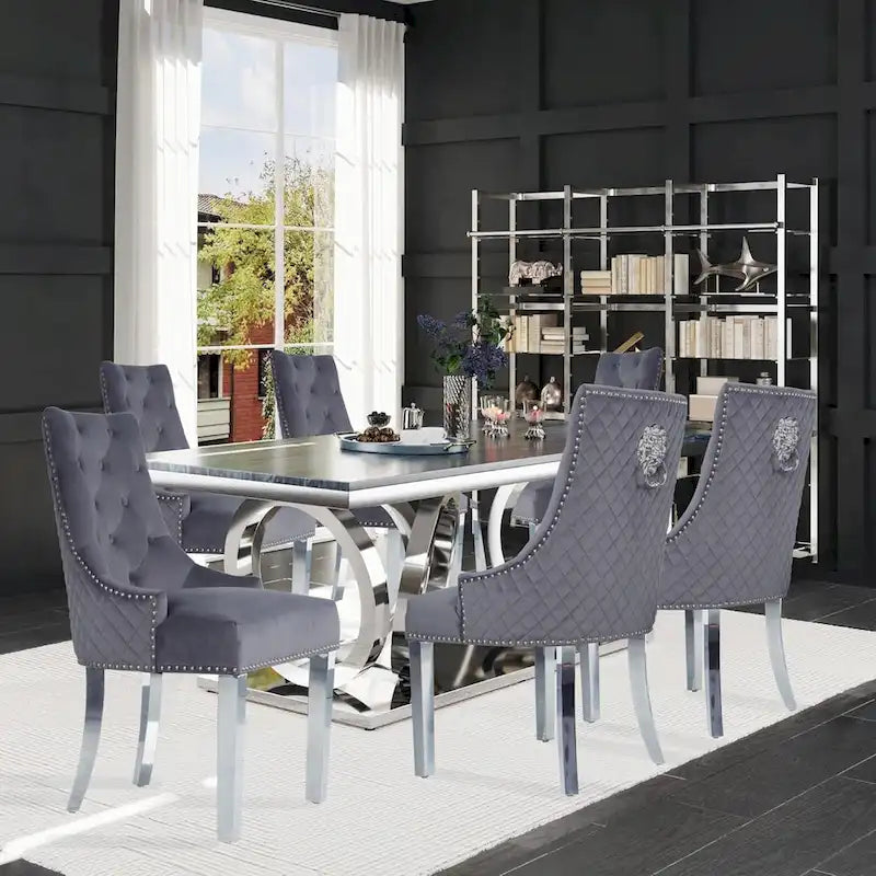 Lot de 2 chaises de salle à manger en velours, chaises de salle à manger rembourrées capitonnées avec clous décoratifs, pieds en acier inoxydable et anneau de traction tête de lion