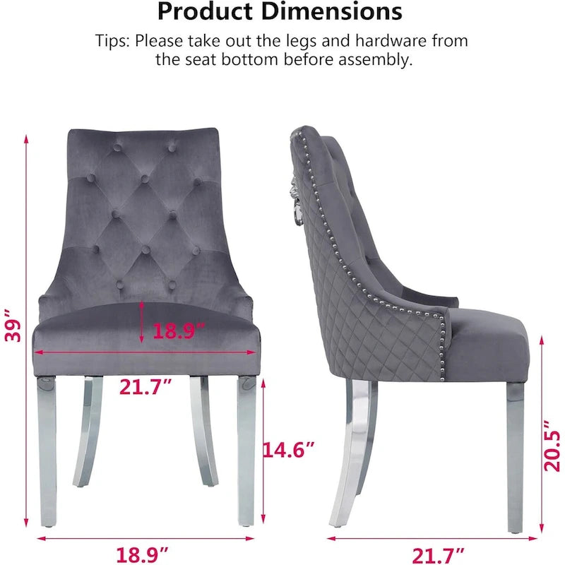 Lot de 2 chaises de salle à manger en velours, chaises de salle à manger rembourrées capitonnées avec clous décoratifs, pieds en acier inoxydable et anneau de traction tête de lion