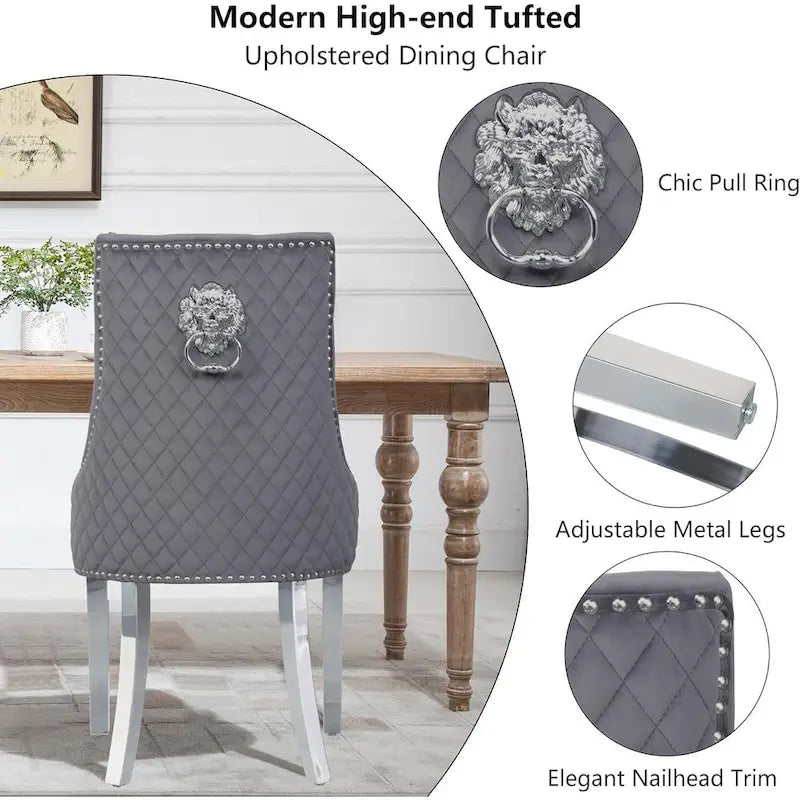 Lot de 2 chaises de salle à manger en velours, chaises de salle à manger rembourrées capitonnées avec clous décoratifs, pieds en acier inoxydable et anneau de traction tête de lion