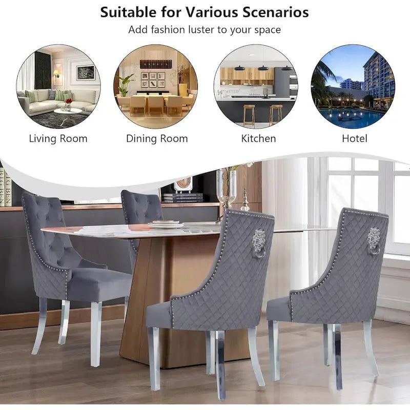 Lot de 2 chaises de salle à manger en velours, chaises de salle à manger rembourrées capitonnées avec clous décoratifs, pieds en acier inoxydable et anneau de traction tête de lion