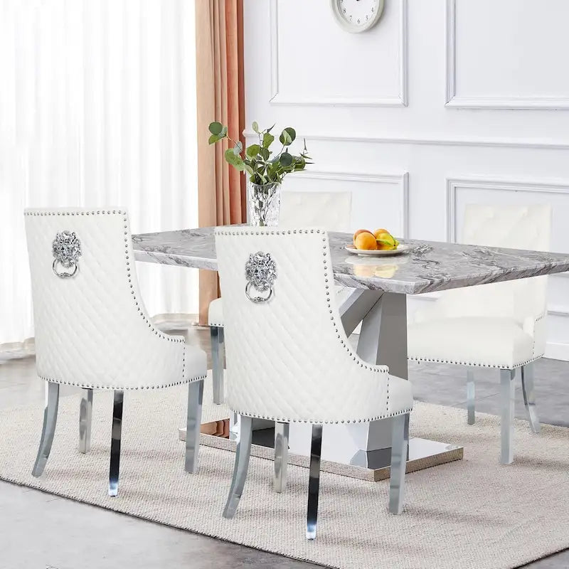 Lot de 2 chaises de salle à manger en velours, chaises de salle à manger rembourrées capitonnées avec clous décoratifs, pieds en acier inoxydable et anneau de traction tête de lion