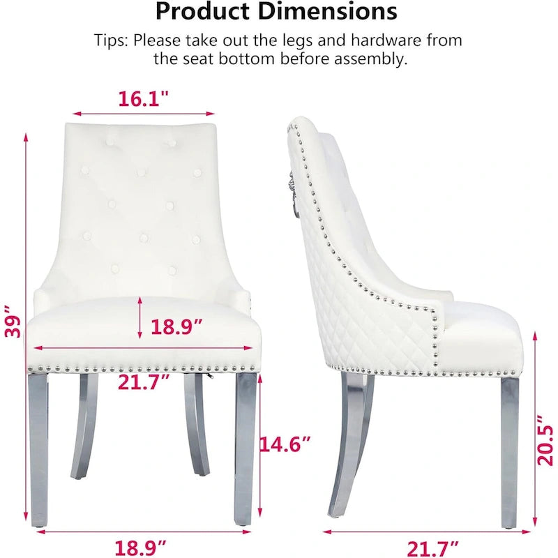 Lot de 2 chaises de salle à manger en velours, chaises de salle à manger rembourrées capitonnées avec clous décoratifs, pieds en acier inoxydable et anneau de traction tête de lion