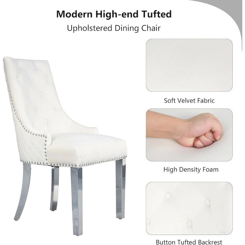 Lot de 2 chaises de salle à manger en velours, chaises de salle à manger rembourrées capitonnées avec clous décoratifs, pieds en acier inoxydable et anneau de traction tête de lion