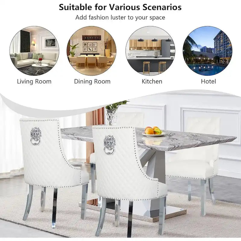 Lot de 2 chaises de salle à manger en velours, chaises de salle à manger rembourrées capitonnées avec clous décoratifs, pieds en acier inoxydable et anneau de traction tête de lion