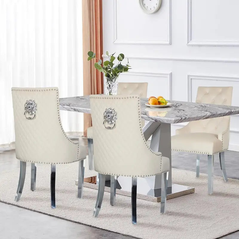 Lot de 2 chaises de salle à manger en velours, chaises de salle à manger rembourrées capitonnées avec clous décoratifs, pieds en acier inoxydable et anneau de traction tête de lion