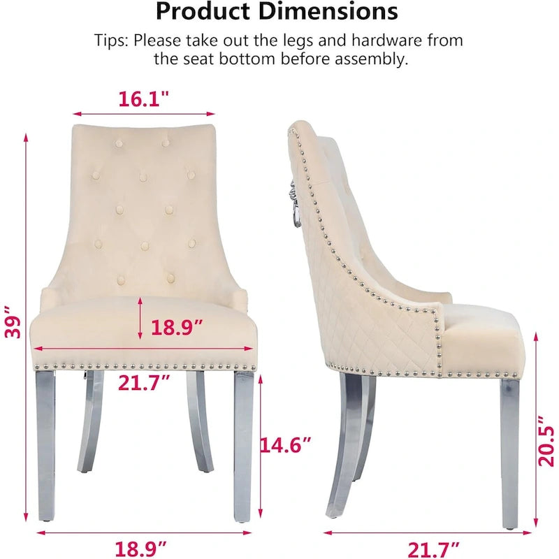 Lot de 2 chaises de salle à manger en velours, chaises de salle à manger rembourrées capitonnées avec clous décoratifs, pieds en acier inoxydable et anneau de traction tête de lion