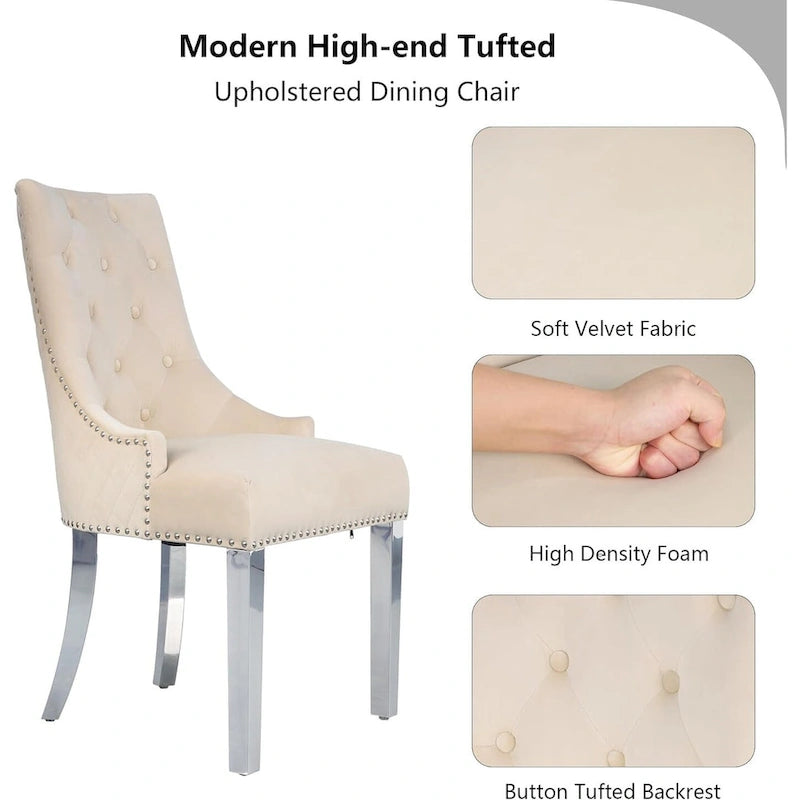 Lot de 2 chaises de salle à manger en velours, chaises de salle à manger rembourrées capitonnées avec clous décoratifs, pieds en acier inoxydable et anneau de traction tête de lion