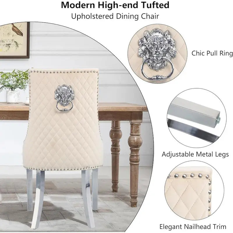 Lot de 2 chaises de salle à manger en velours, chaises de salle à manger rembourrées capitonnées avec clous décoratifs, pieds en acier inoxydable et anneau de traction tête de lion