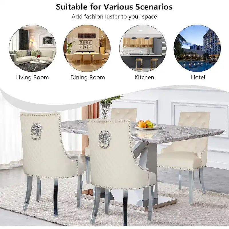 Lot de 2 chaises de salle à manger en velours, chaises de salle à manger rembourrées capitonnées avec clous décoratifs, pieds en acier inoxydable et anneau de traction tête de lion
