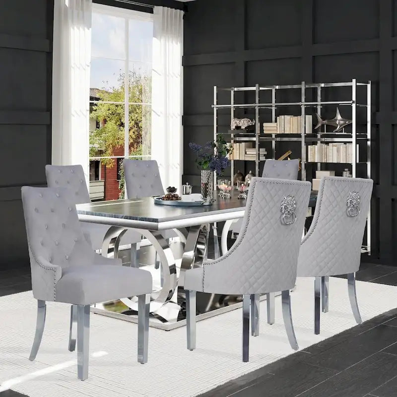 Lot de 2 chaises de salle à manger en velours, chaises de salle à manger rembourrées capitonnées avec clous décoratifs, pieds en acier inoxydable et anneau de traction tête de lion