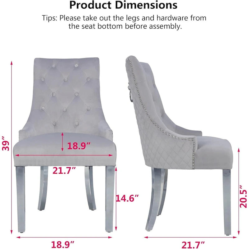 Lot de 2 chaises de salle à manger en velours, chaises de salle à manger rembourrées capitonnées avec clous décoratifs, pieds en acier inoxydable et anneau de traction tête de lion