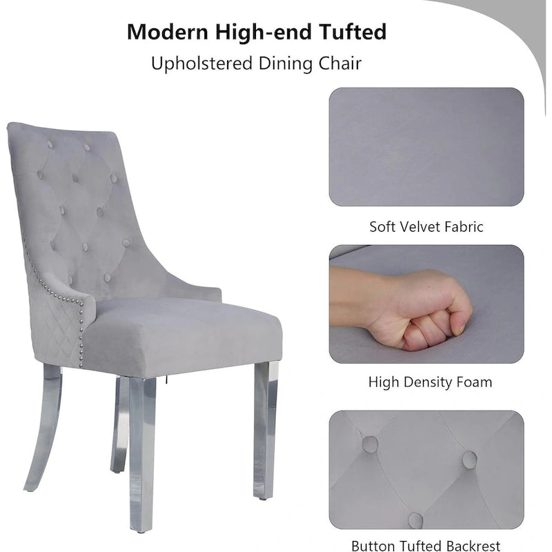 Lot de 2 chaises de salle à manger en velours, chaises de salle à manger rembourrées capitonnées avec clous décoratifs, pieds en acier inoxydable et anneau de traction tête de lion