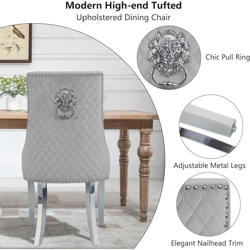 Lot de 2 chaises de salle à manger en velours, chaises de salle à manger rembourrées capitonnées avec clous décoratifs, pieds en acier inoxydable et anneau de traction tête de lion