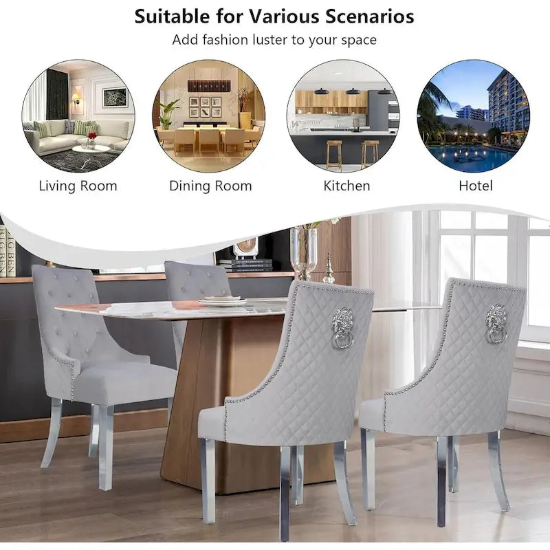 Lot de 2 chaises de salle à manger en velours, chaises de salle à manger rembourrées capitonnées avec clous décoratifs, pieds en acier inoxydable et anneau de traction tête de lion