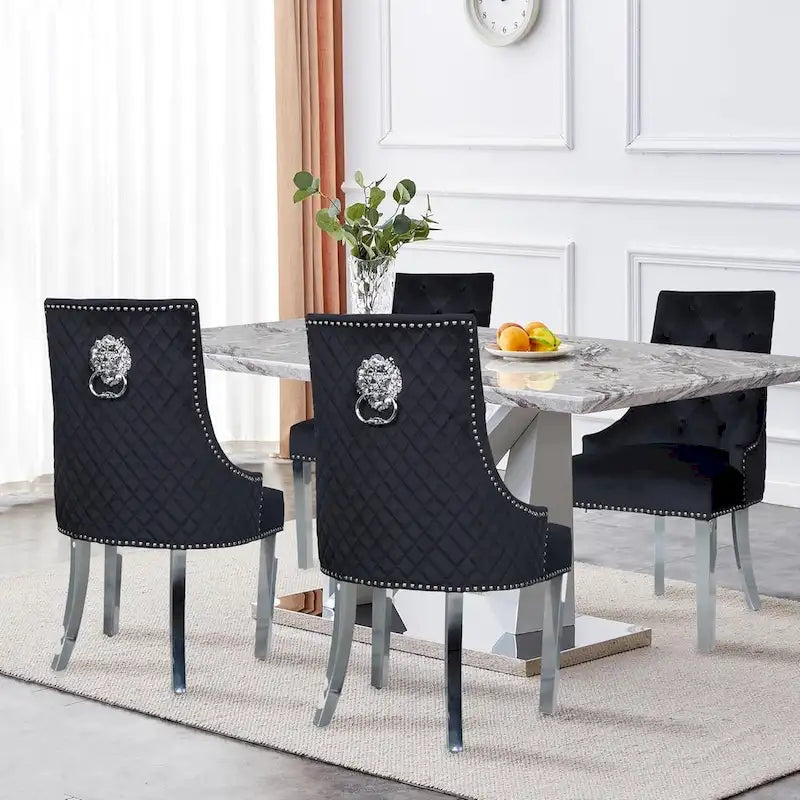 Lot de 2 chaises de salle à manger en velours, chaises de salle à manger rembourrées capitonnées avec clous décoratifs, pieds en acier inoxydable et anneau de traction tête de lion