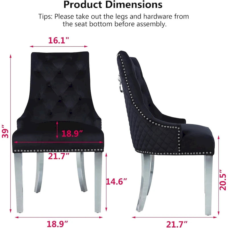Lot de 2 chaises de salle à manger en velours, chaises de salle à manger rembourrées capitonnées avec clous décoratifs, pieds en acier inoxydable et anneau de traction tête de lion